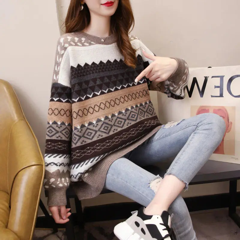 Women's Loose Knit Sweater Winter Geometric Pattern