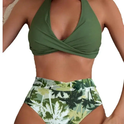 Green Tropical Print High Waisted Bikini Set for Women