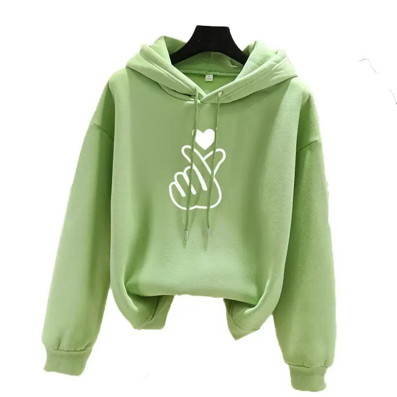 Women Hoodie with Heart Hand Print Blue Pink Loose Fleece