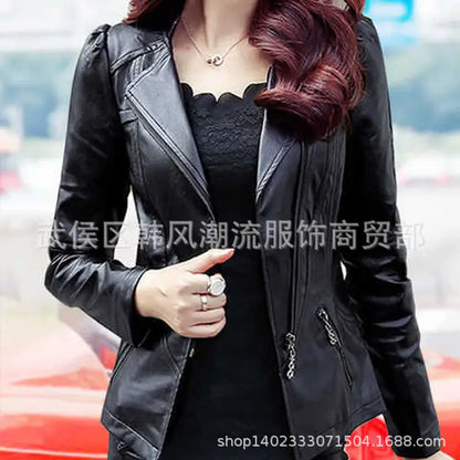 Women Pu Leather Jacket Korean Style Slim Fit Black