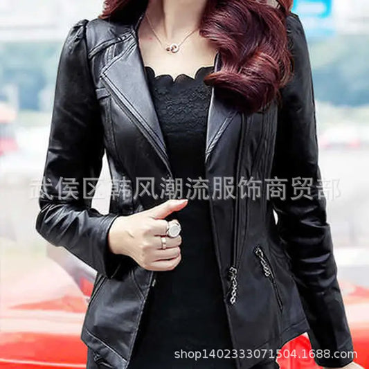 Women Pu Leather Jacket Korean Style Slim Fit Black