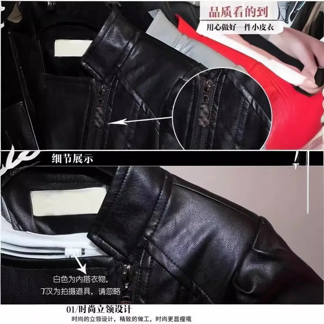 Women Pu Leather Jacket Korean Style Slim Fit Black