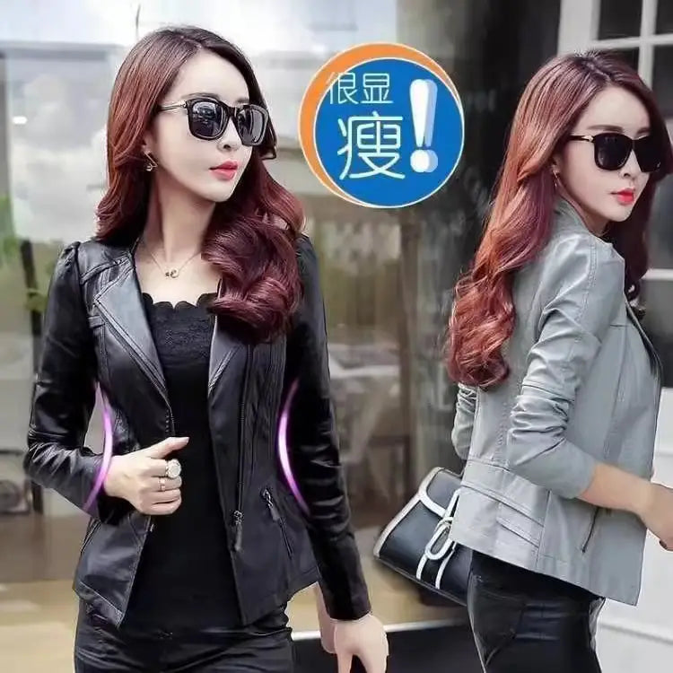 Women Pu Leather Jacket Korean Style Slim Fit Black