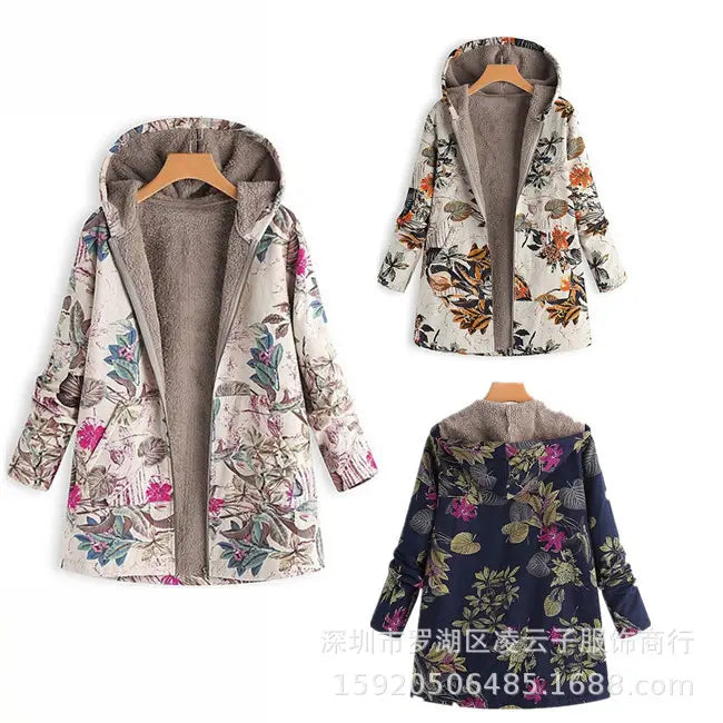 Women Floral Hooded Coat Navy Blue Long Sleeve Outerwear