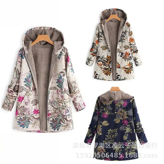 Women Floral Hooded Coat Navy Blue Long Sleeve Outerwear