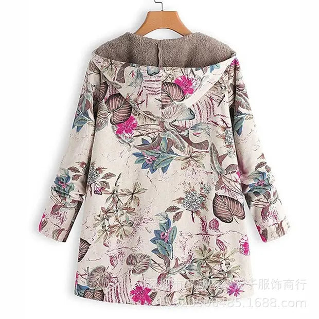 Women Floral Hooded Coat Navy Blue Long Sleeve Outerwear