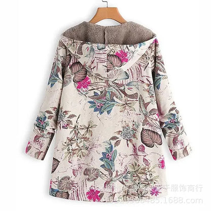 Women Floral Hooded Coat Navy Blue Long Sleeve Outerwear