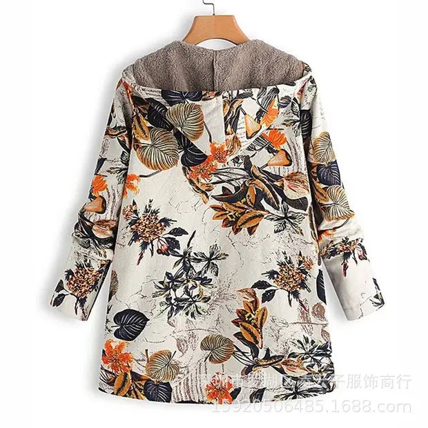Women Floral Hooded Coat Navy Blue Long Sleeve Outerwear