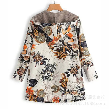 Women Floral Hooded Coat Navy Blue Long Sleeve Outerwear