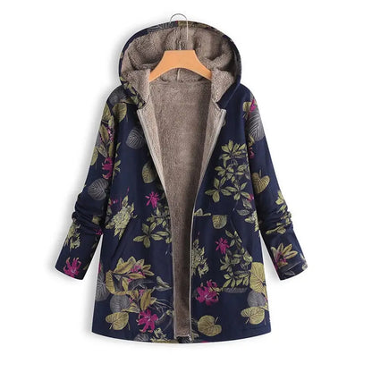 Women Floral Hooded Coat Navy Blue Long Sleeve Outerwear