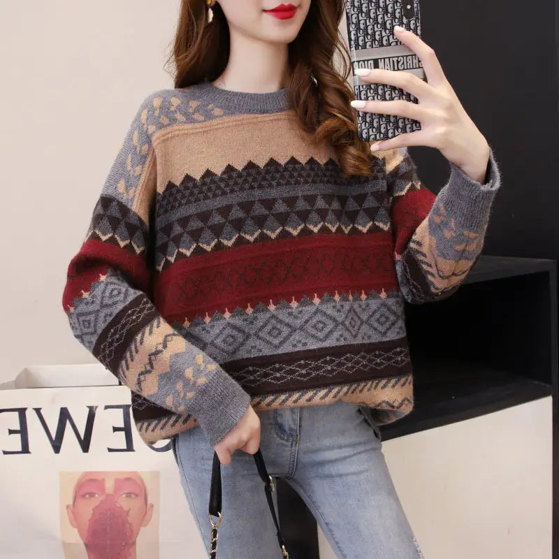 Women's Loose Knit Sweater Winter Geometric Pattern