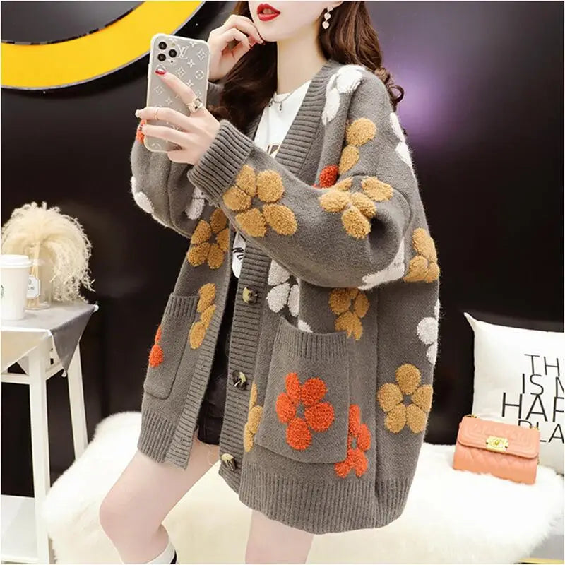 Women Floral Knitted Cardigan Winter Casual Sweater