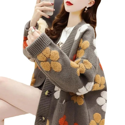 Women Floral Knitted Cardigan Winter Casual Sweater