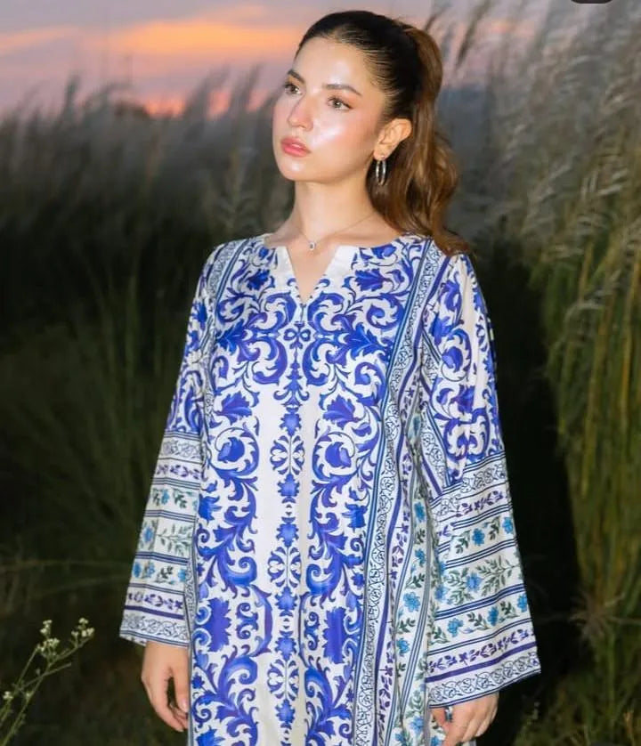 2 Pcs Women's Stitched Lawn Printed Shirt And Trouser