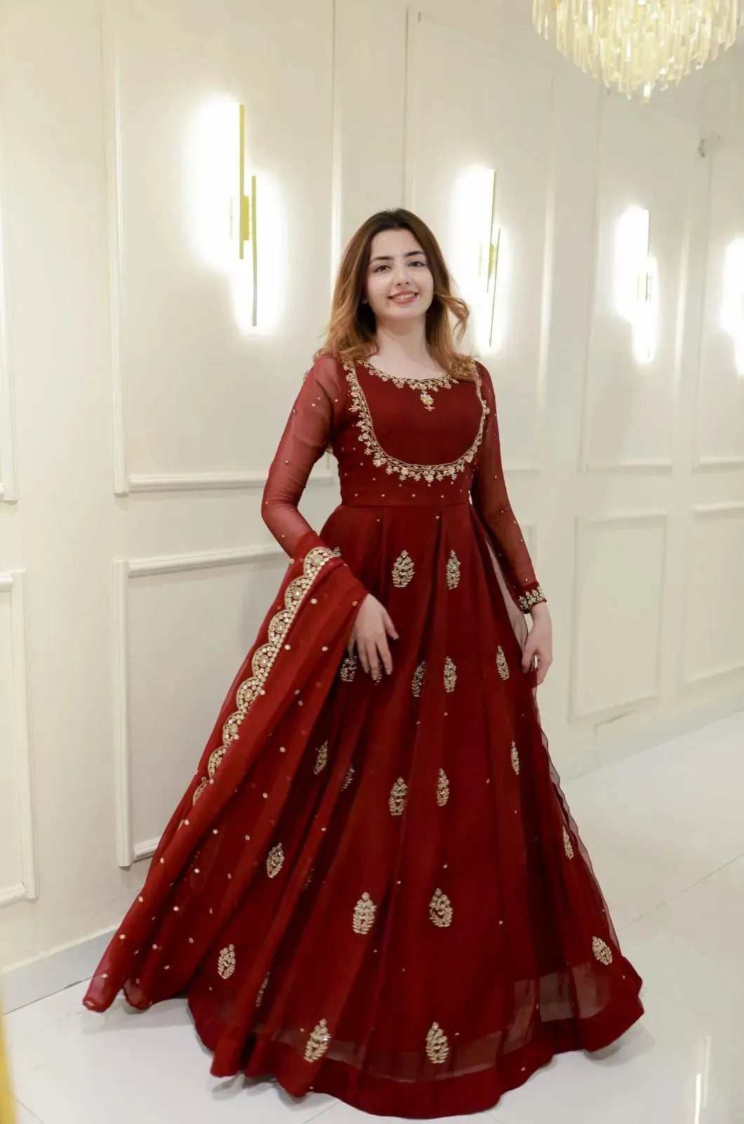 Red Embroidered Maxi Set with Trouser & Dupatta