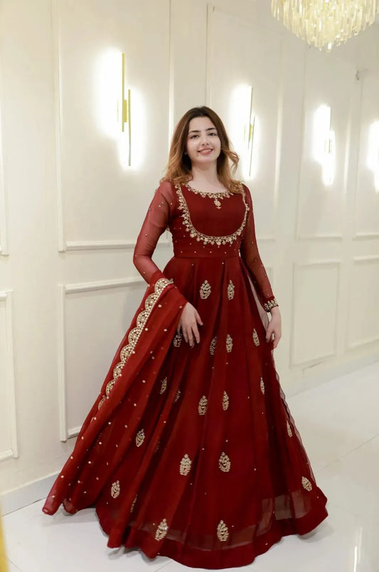Red Embroidered Maxi Set with Trouser & Dupatta