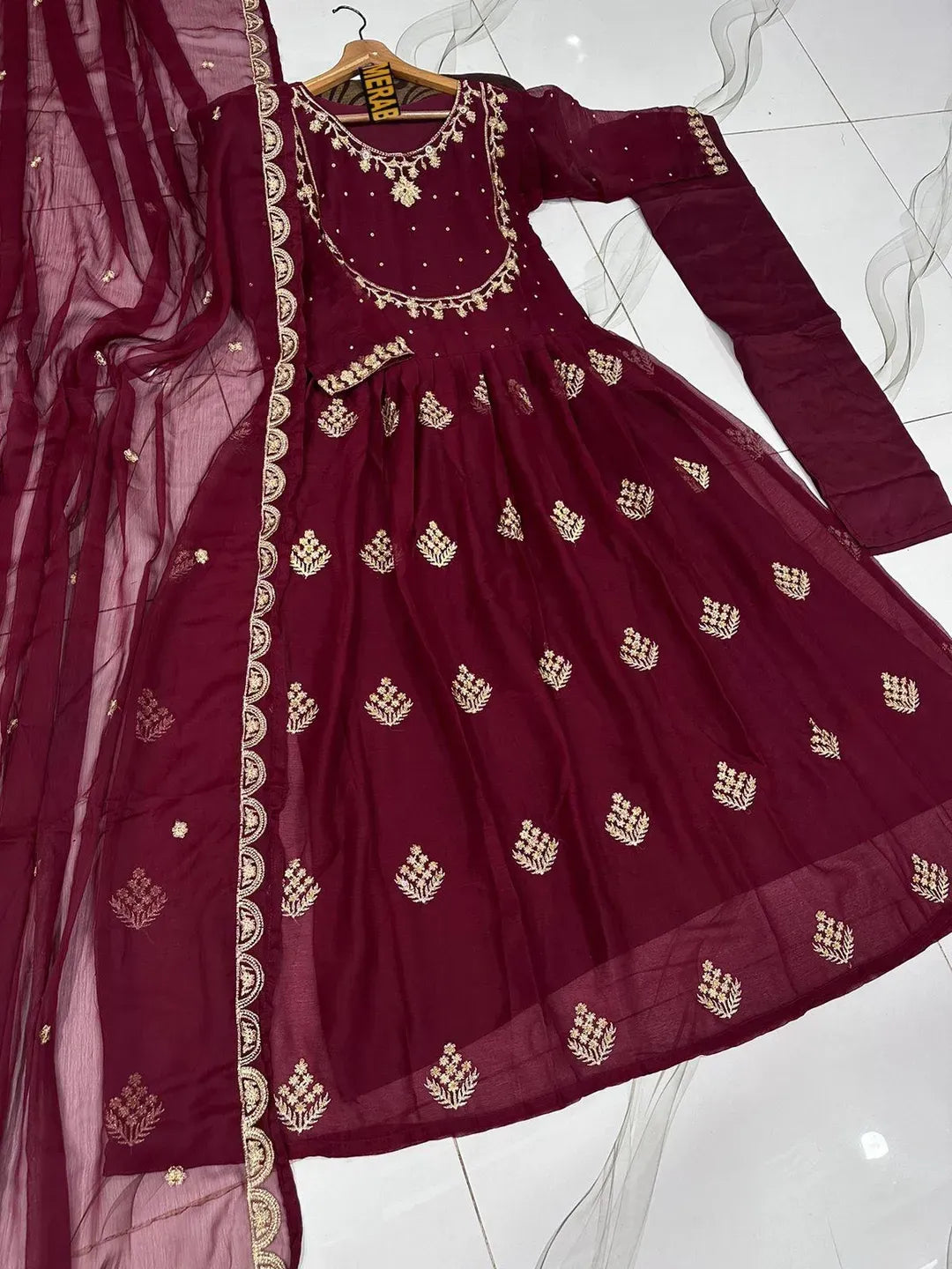 Red Embroidered Maxi Set with Trouser & Dupatta