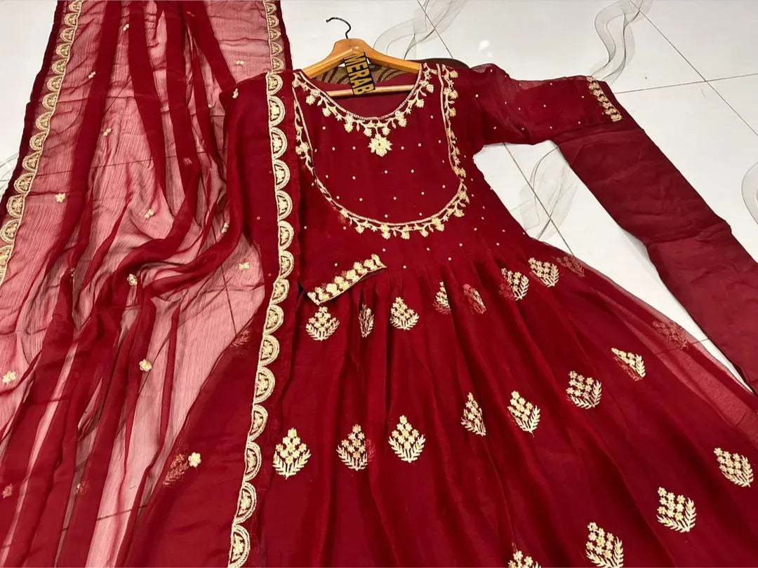 Red Embroidered Maxi Set with Trouser & Dupatta