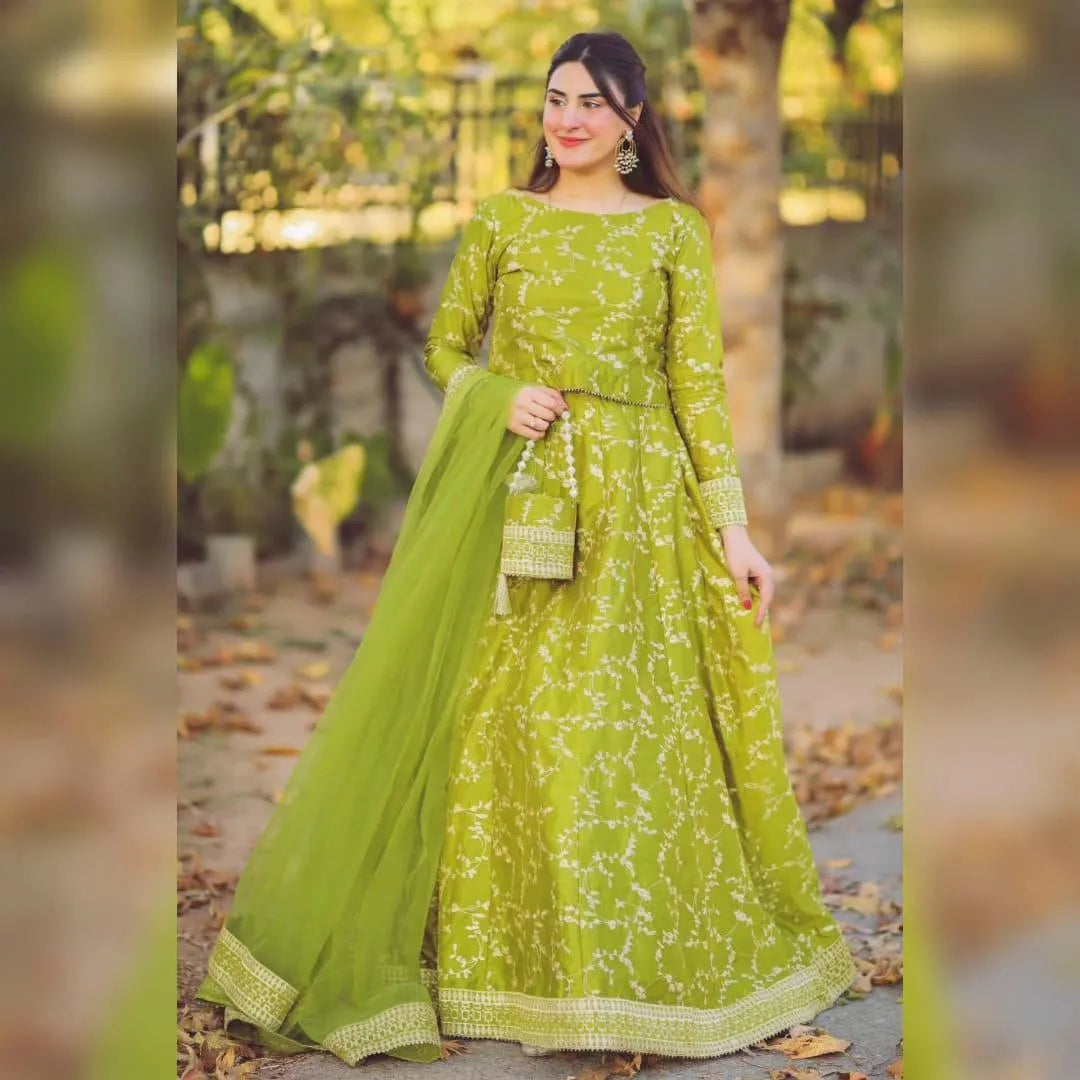 Green Shamoz Silk 3-Piece Wedding Eid Outfit with Chiffon Dupatta