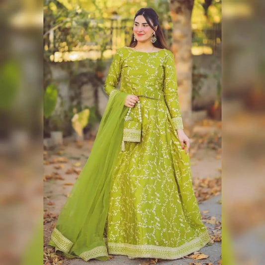 Green Shamoz Silk 3-Piece Wedding Eid Outfit with Chiffon Dupatta