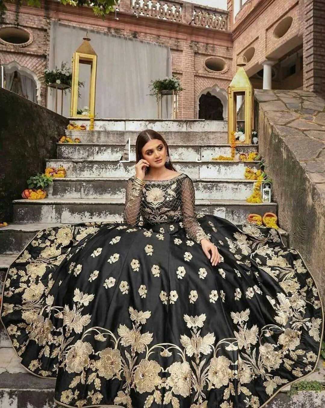 Black Gold Floral Lehenga Set for Women