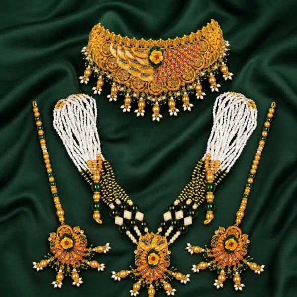 Royal Rani Bridal Set with Gold Finish Choker, Rani Haar and Matching Earrings by Meqy.pk